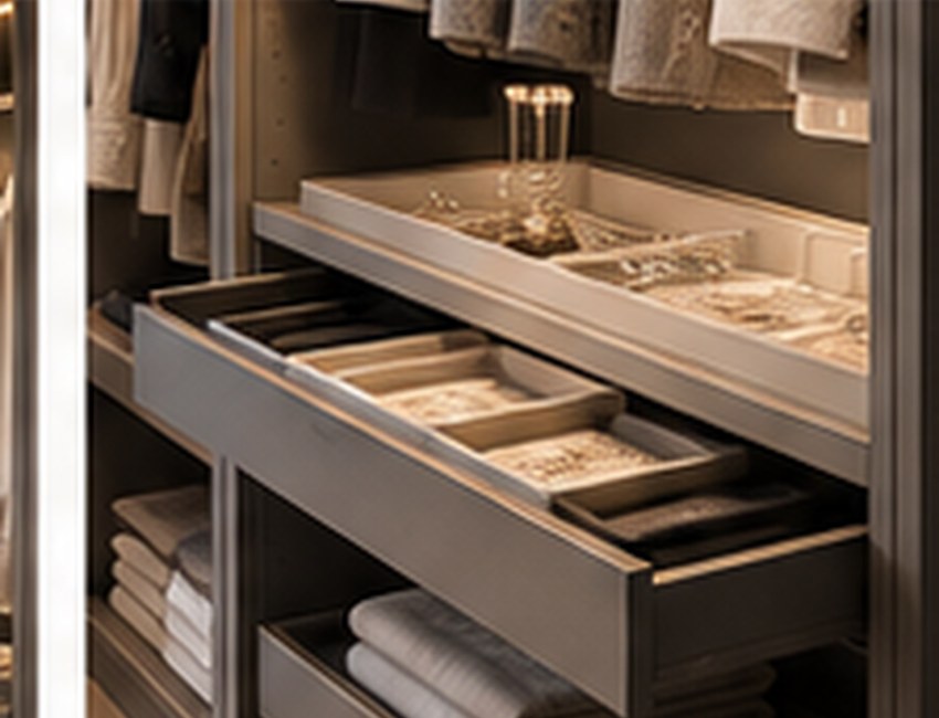Open illuminated accessory drawers and wardrobe details