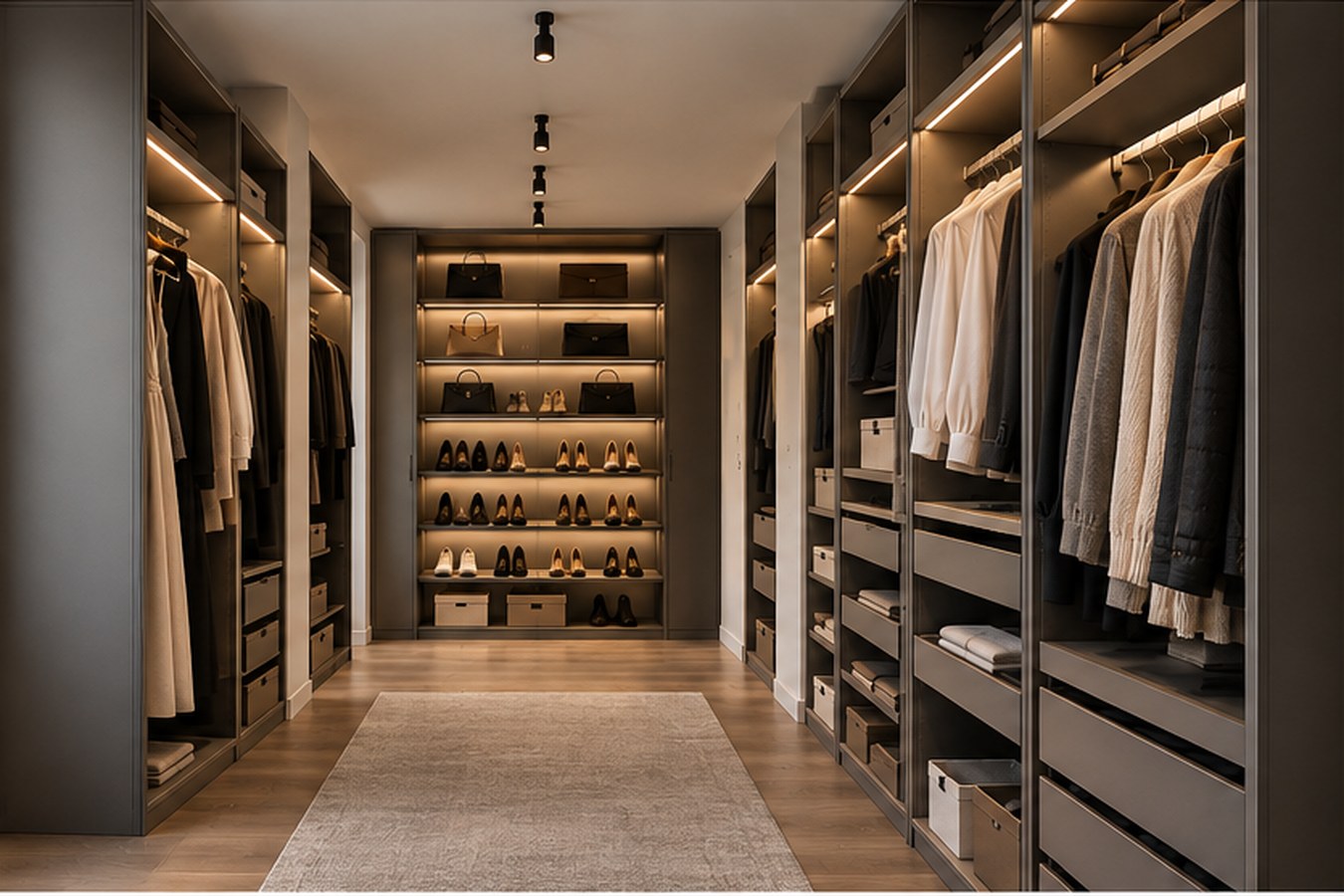 Right and rear open wardrobes under a flat ceiling